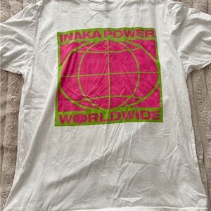 Inaka Power White Tee with Pink and Green Design